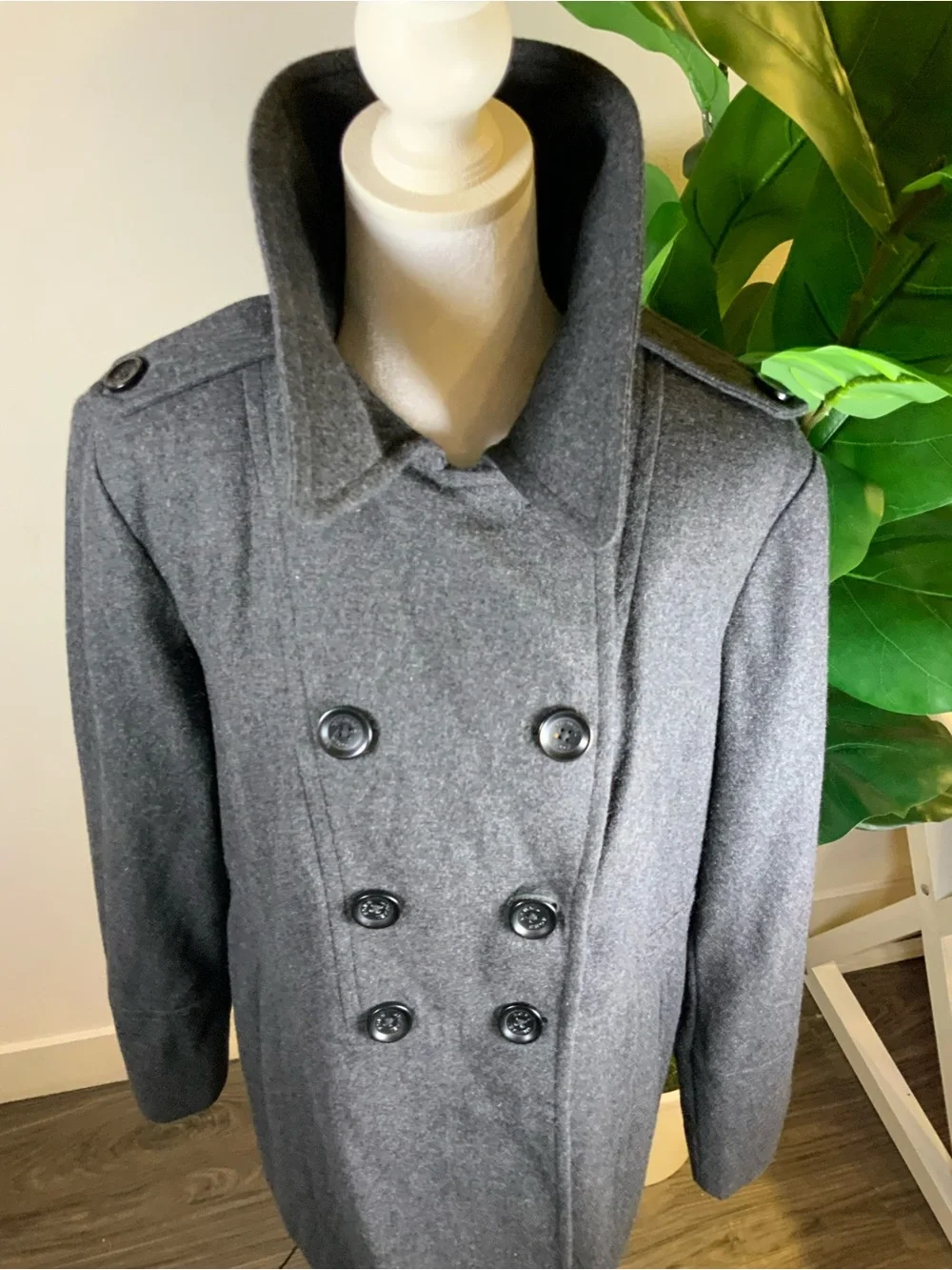 Michael Kors Charcoal Double-Breasted Peacoat with Red Scarf